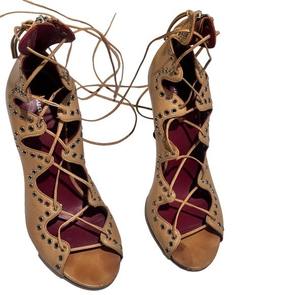 Isabel Marant Lelie Ghillies Leather Lace-Up Sandals in‎ Taupe size 39 US 8 - Picture 2 of 13